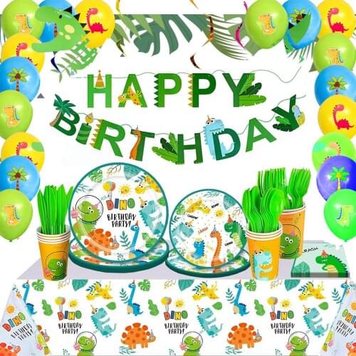 Dinosaur Party Supplies Birthday Dinnerware Decoration Disposable Tableware Set Plates Cups Banner Tablecloth Kids Baby Showers