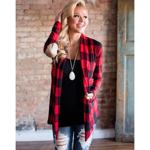 2021 Women Fashion Plaid Cotton Cardigan Coats Long Sleeve Asymmetric Open Front Elbow Patch Jacket Lapel Trench Outwear