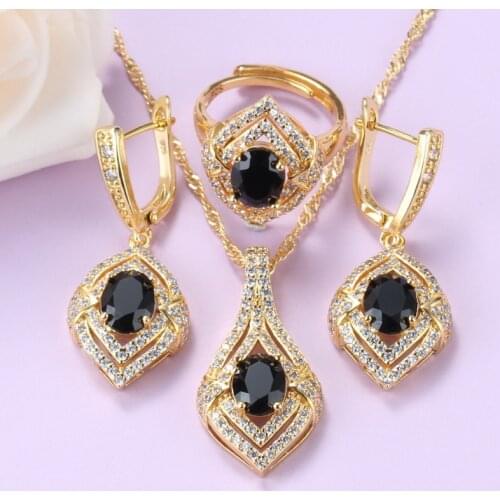 African Women Necklace And Earrings Jewelry Sets With Black Cubic Zirconia Fashion Party Costume Ring Sets