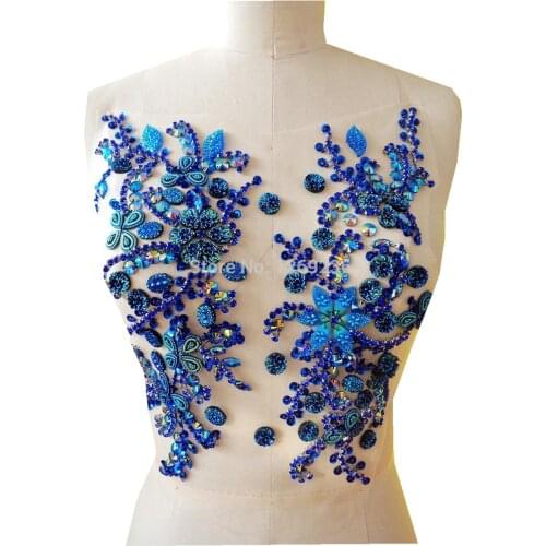 Fashion hot sale!Handmade blue crystal patches sew on Rhinestones applique with stones sequins beads 31*27cm for dress