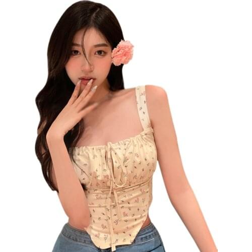 Cute Women Tank Tops Floral Print Tops Sleeveless Vest Yellow Summer Chiffion Camis