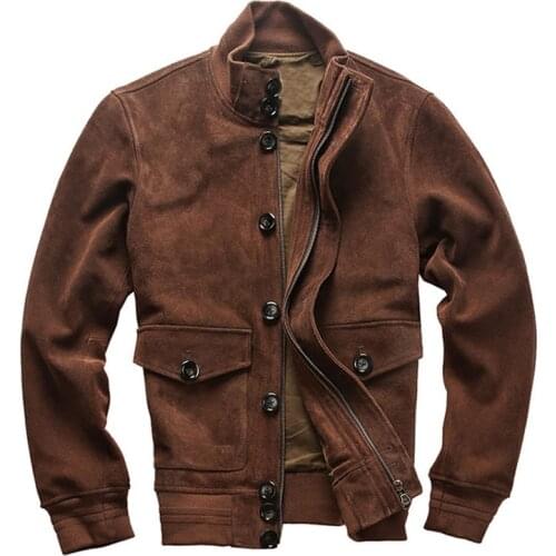 2021 Mens Genuine Cowhide Motorcycle Leather Jacket Retro Brown Single-Breasted Cowhide Jacket Winter Russian Coat