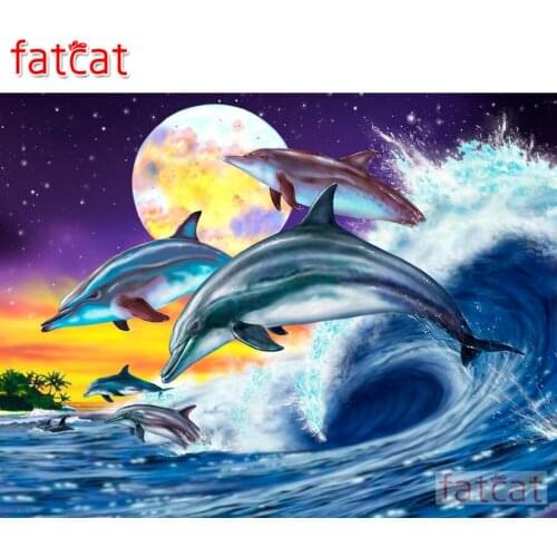 FATCAT 5d diy diamond painting Moon Wave Dolphin full square round drill diamond embroidery sale animals home decoration AE2076