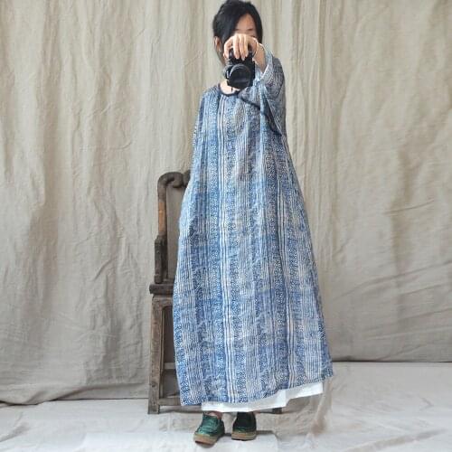 Autumn Pure Flax Number Printing Dress Literature Display Of Buttons Lanky RobeJ1904