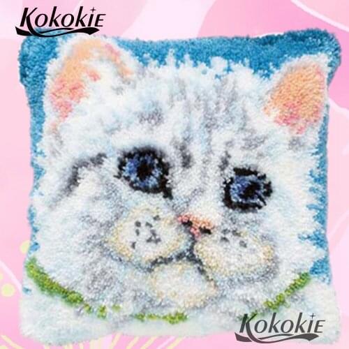 Cushion embroidery yarn handicraft Crocheting Rug yarn white cat 3d diy rug carpet cross stitch Latch hook rug pillow kits