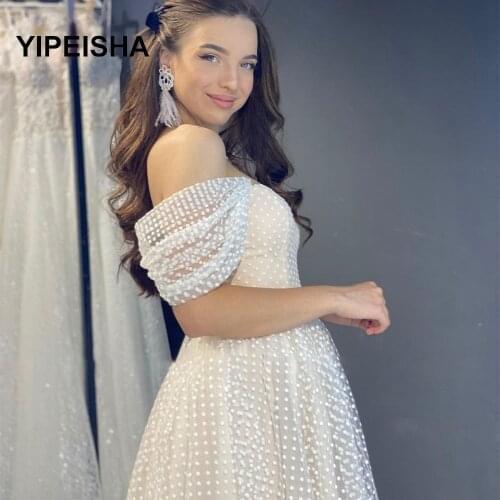 Simple Polka Dots Prom Dresses Off the Shoulder A-Line Short Prom Gowns Tea-Length Tulle Sweetheart Formal Party Gowns
