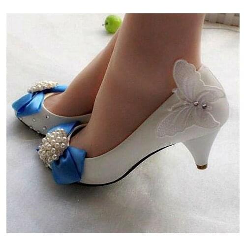 Blue satin bow butterfly-knot 5CM med heel party wedding pumps shoes woman handmade crystal butterfly bridal shoes wedding