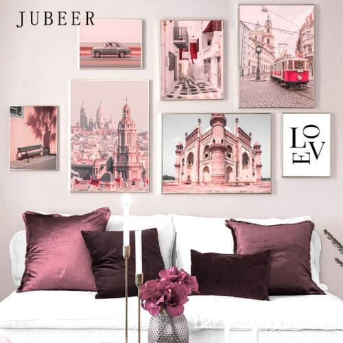 Scandinavian Style Pink Wall Art City Street Canvas Painting Building Posters and Prints Wall Pictures for Living Room Poster