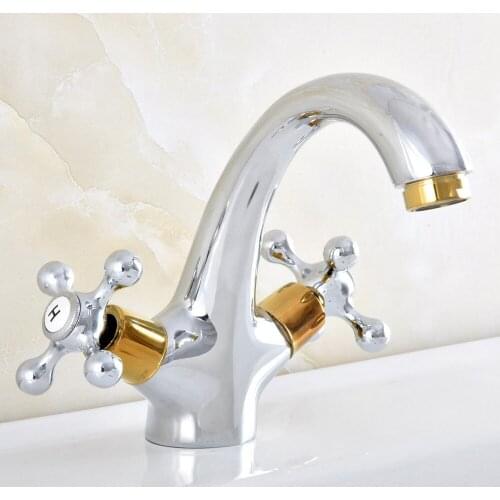 Basin Faucets Chrome & Gold Bathroom Sink Faucet Double Cross Handle Bathroom Hot and Cold Mixer Tap Nnf478