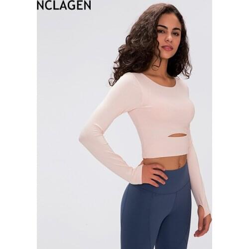 NCLAGEN Sports Top Women Workout Yoga Shirt Long Sleeve Push-up Gym Quick Dry Running Breathable Thumb Holes Fitness Crop Top