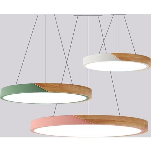 LED Postmodern Multicolor Iron Wood Acryl Round Chandelier Lighting Lustre Suspension Luminaire Lampen For Dinning Room