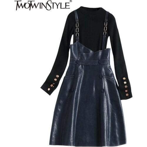 TWOTWINSTYLE Casual Two Piece Set For Women O Neck Long Sleeve Sweater Patchwork Chain Strap Dress Female Sets 2020 Autumn Tide