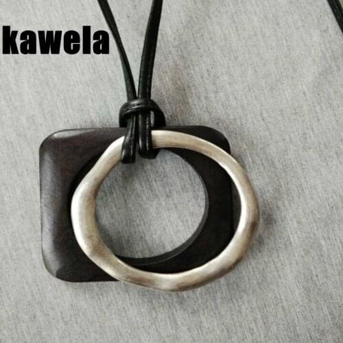 Unique Fashion Wood Square Round Alloy Double Pendant Necklace, Ethnic Leather Necklace