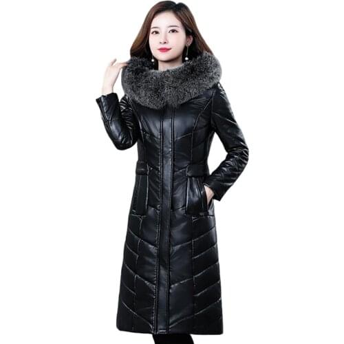 Real Fox Fur Collar Winter Duck Down Jacket Women Long Leather Jacket Women Down Coat Winter Hooded Leather Jacket Plus Size 7XL