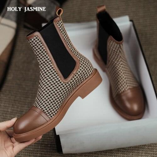 2021 Cow Leather Striped Grid Women Slip on Ankle Boots Brown Fashion Genuine Leather Boots Ladies Fashion Shoes Platform Boots