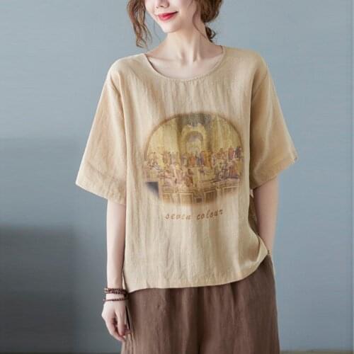 Women Cotton Linen Casual T-shirts New Arrival 2021 Summer Arts Style Vintage Print Loose Female Short Sleeve Tops Tees B412