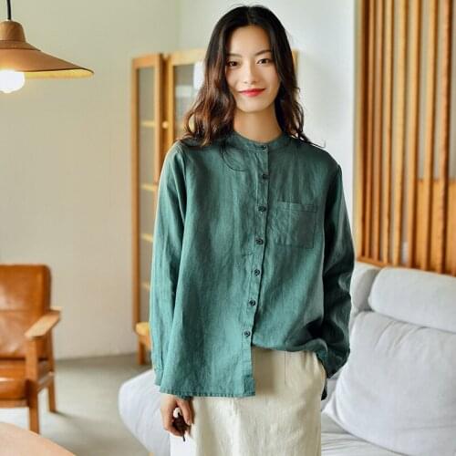 Johnature Women Vintage Linen Shirts And Tops Long Sleeve Button Pockets Autumn Blouses 2021 New Solid Color Loose Female Shirts