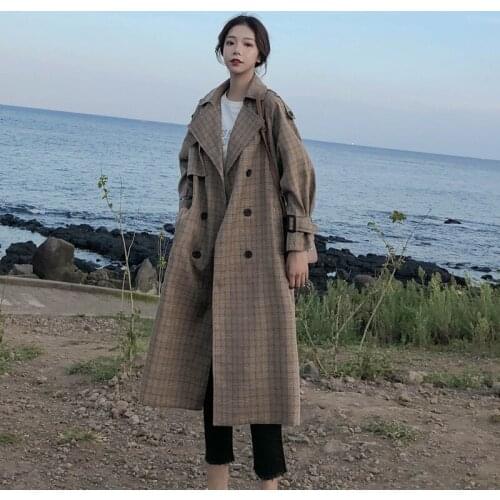 Korean Style Ladies Trench Coat Plaid Long Double Breasted Belted Oversize Loose Women Duster Coat Outerwear with Storm Flaps