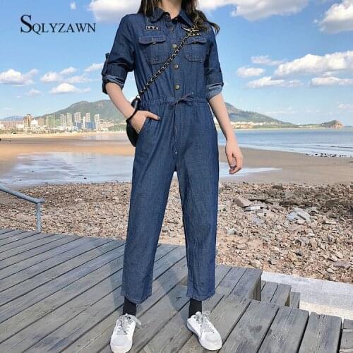 Button Streetwear Denim Jumpsuit Women Drawstring One Piece Romper Bodycon Jeans Overalls Casual Long Sleeve Party Clubwear 2020