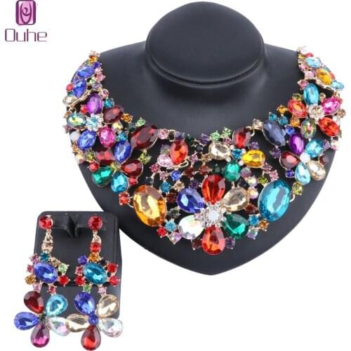 Women Elegant Bridal Party Jewelry Sets Wedding Jewelry Flower Crystal Gold Color Necklaces Earrings Jewelry Sets 8 Colors