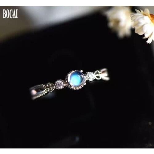 New Natural Moonstone Ring for Female Simple 100% real S925 Silver ring Full Clean Body Blue Moonstone 925 Silver Woman Rings