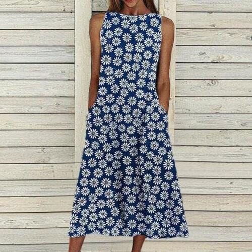 Women Summer Clothing Flower Print Beach Holiday Dress Round Neck Big Swing with Pocket Maxi Dress Vacation Evening Clothes