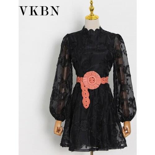 VKBN Dress for Women Chiffon Casual Embroidery Lantern Sleeve Fashion Belt Dress Elegant Vestidos De Fiesta Fashion High Quality