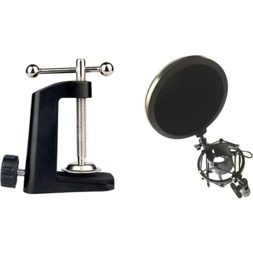 1 Set Microphone Mic Shock Mount with Shield Articulating Head Telescoping & 1 Pcs Metal Table Mounting Clamp