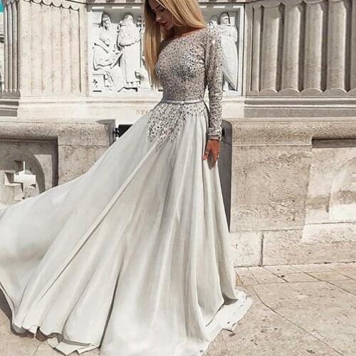 2021 Shining A Line Prom Dresses Long Sleeves Evening Gowns Open Back Beading Crystals Formal Party Gown Elegant