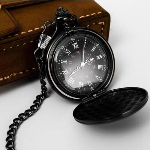 50pcs/lot Retro Polished Black Quartz Pocket Watches with Chain Flip Men Women Gift Watches Wholesale