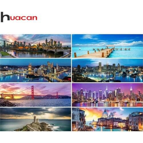 Huacan Diamond Painting City Landscape Full Square/round Embroidery Mosaic Building Sea Town Wall Decor