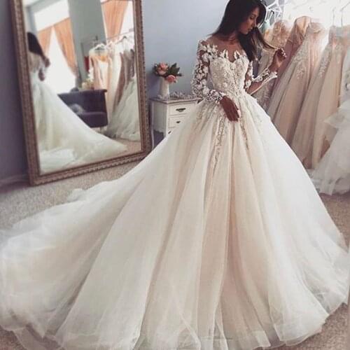 ANGELSBRIDEP Long Sleeves Ball Gown Wedding Dresses Robe De Mariage Formal Applique Beading Court Train Bride Dress Custom Make