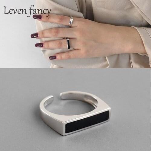 Black Epoxy Geometric Rectangular Womens Open Ring 925 Sterling Silver Engagement Party Jewelry Adjustable Ring Newest Design