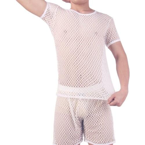 Sexy Men Underwear Sets Mesh Undershirt Short Sleeve T-shirts Trunk Trousers Suits Breathable Male Fitness Gym Nightwear Sets