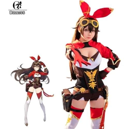 ROLECOS Game Genshin Impact Amber Cosplay Costume Amber Cosplay Costume Women Red Comtume Halloween Top Pant Uniform Full Set