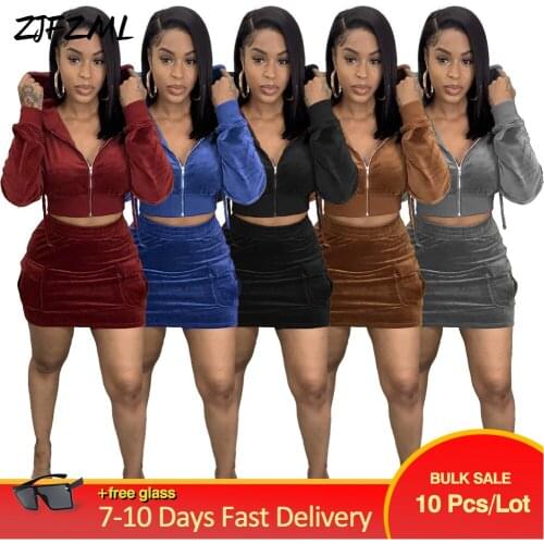 Bulk Items Wholesale Lots Velour 2 Piece Skirt Sets Casual Female Clothing Zipper Drawstring Full Sleeve Crop Top+sheath Dresses