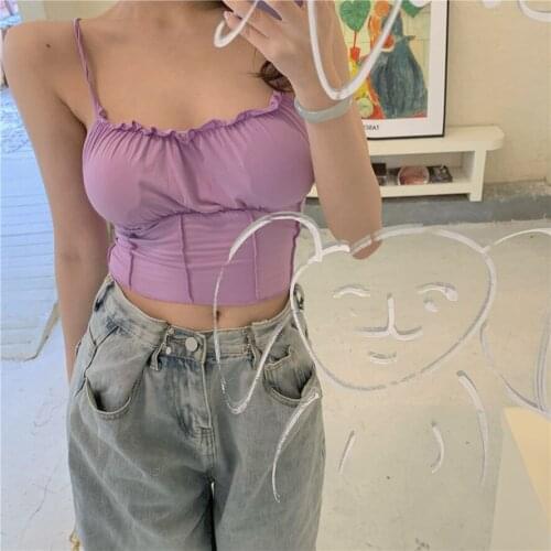 Summer Purple Spaghetti Strap Camisole Top Women Sexy Low Cut Ruffles Cropped Elastic Camis Bottom Tank Top Skinny Bralette