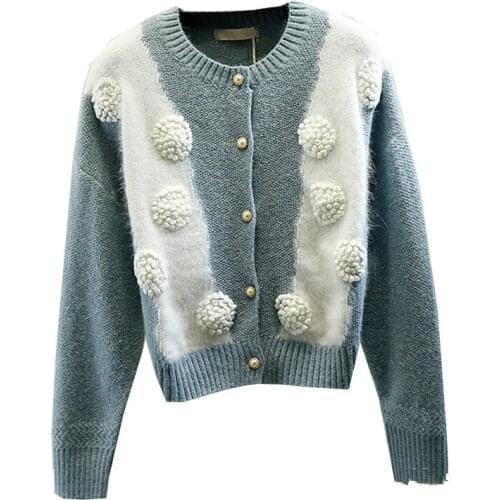 Fashion Knit Coat Lady Contrast Color Three-Dimensional Flower Decoration Round Neck Single-Breasted Cardigan Jacket Women