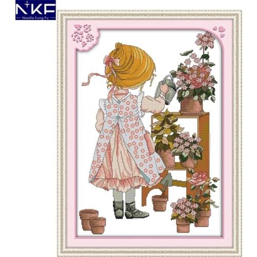 NKF The Watering Girl Cross Stitch Painting DIY Kits Cross Stitch Embroidery Home Decor Needlework Cross Stitch Pattern for Kids