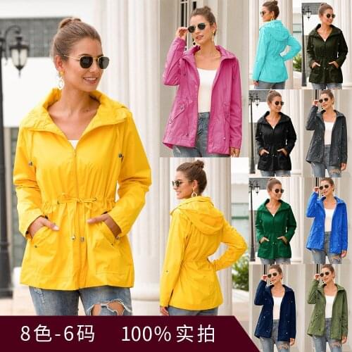 2021 Autumn and winter new womens raincoat, Solid color waist hooded outdoor hiking raincoat korean clothes