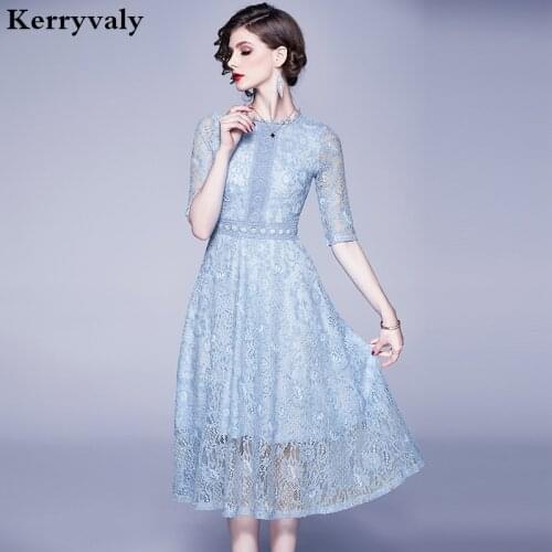 New Style Elegant Women Blue Midi Lace Dress Zomerjurk Dames 2021 Midi Party Runway Dress Roupas Femininas Robe Pull K8752