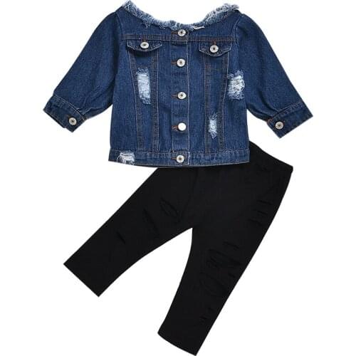 Baby girl clothes spring and autumn denim suit girls fashion one-shoulder denim clothes + ripped cotton trousers two-piece suit