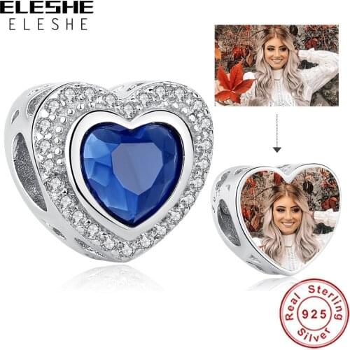 ELESHE Valentines Day Custom Photo 925 Sterling Silver Beads Blue CZ Radiant Heart Charms Fit Original Bracelets DIY Jewelry