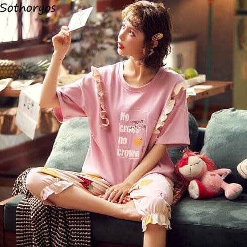 Pajama Sets Women Ruffles Sweet Girls Summer Fashion Korean Style Cute Chic Loose New Casual Print Simple Sleepwear Harajuku Ins