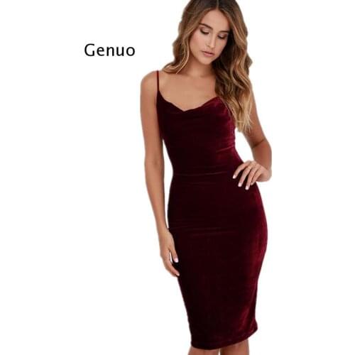 Women Sexy Spaghetti Strap Midi Dresses Elegant Solid Velvet Club Party Backless One-Piece Bodycon Pencil Dress