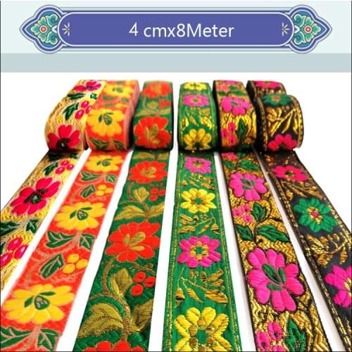 6colors Green leaves flowers series Gold Line embroidery webbing lace Polyester Woven Jacquard Ribbon DIY Clothing Accessories