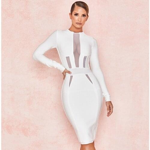 Simple Chic Mesh Patchwork White Bandage Dress Long Sleeve Round Neck Geometric Pure Bodycon Dress Veatidos For Women