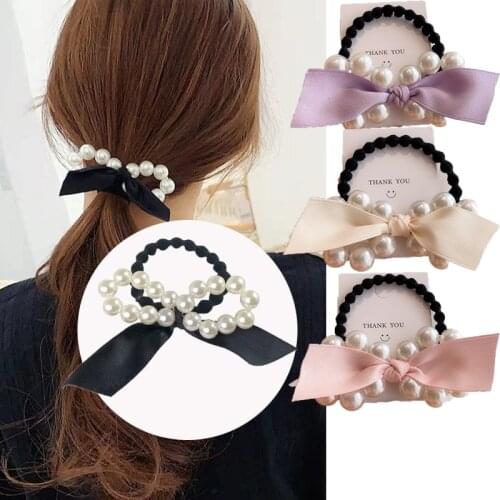 Sweet Pearl bow hair ties headwear head bands Scrunchies ribbon Hair bands Elastic Hairband women girls hair accessories dress