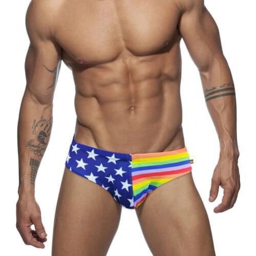 New Rainbow Stitching Sexy Mens Briefs European American Fashion With Push Pad Low Waist Swimwear Bikini Beach Surfing Sports