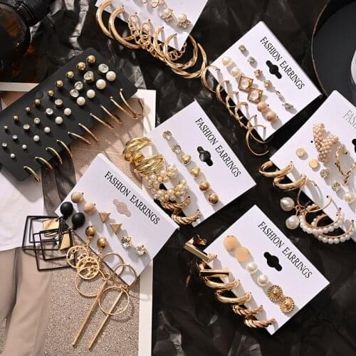 Vintage Geometric Gold Metal Earrings Set For Women Punk Pearl Dangle Drop Hoop Earrings 2021 Trend Set of Earrings Jewelry